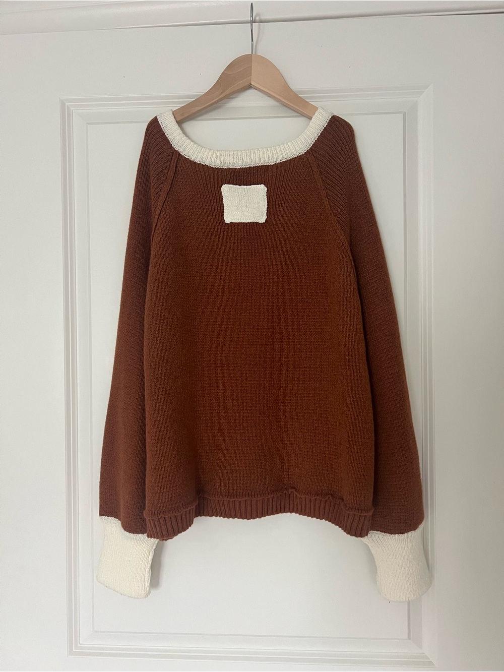 Women's Chestnut Button-Front Cardigan with Cream Trim - Picture 5 of 6